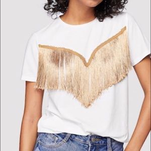 White T-shirt With Gold Fringe detail